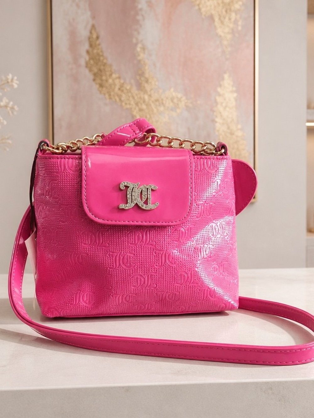 Pink Crossbody Bag with Gold Chain Accent